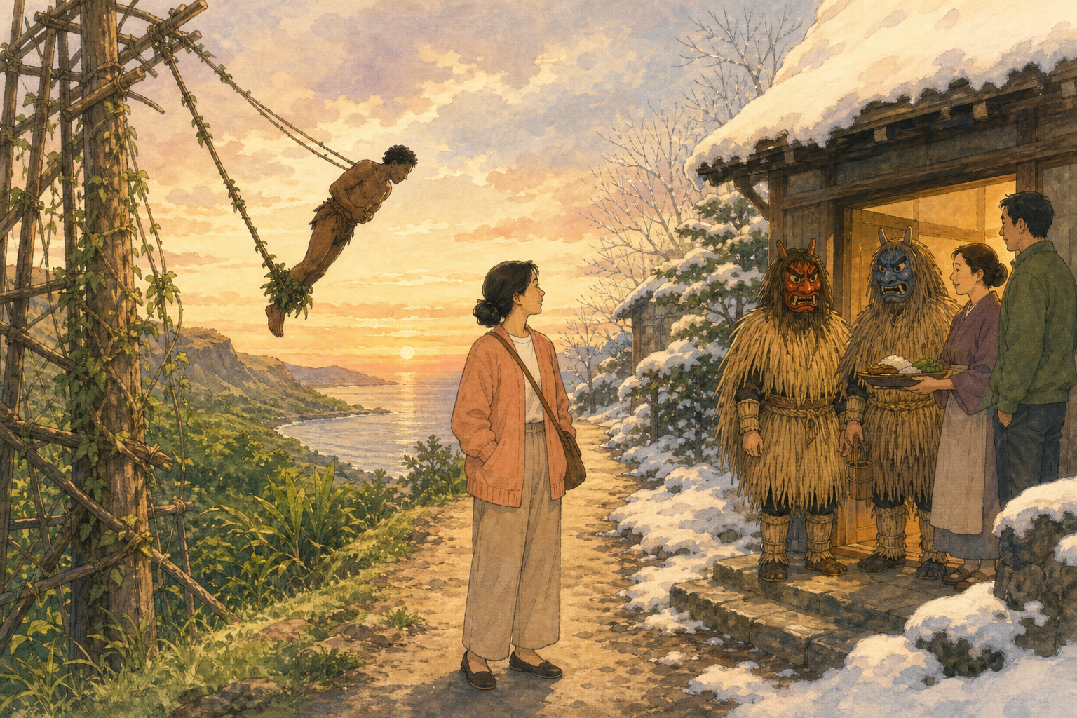 A woman on one coastal path sees a vine land dive on a green hillside and, farther on, straw-coated masked visitors welcomed with a food tray at a snowy doorway.