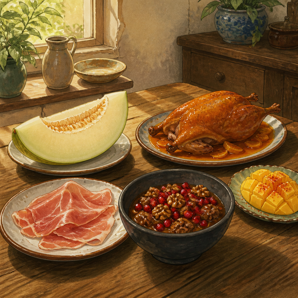 Five savory fruit dishes on a wooden table: melon, cured ham, berry stew, spiced mango, and roast bird with citrus.