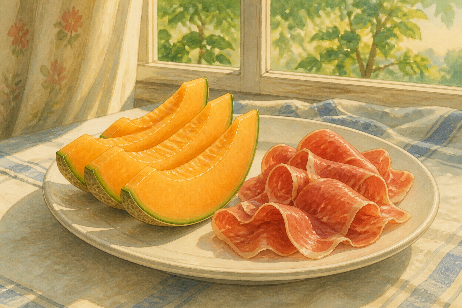 A plate of orange cantaloupe wedges beside thin pink cured ham near a sunny window.