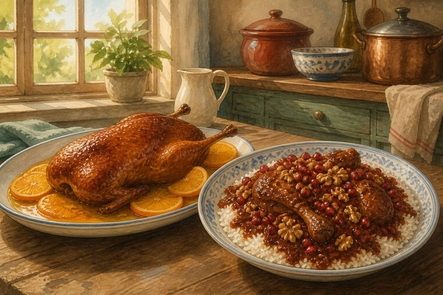 Roast bird with orange slices beside a walnut pomegranate stew over rice on a kitchen table.