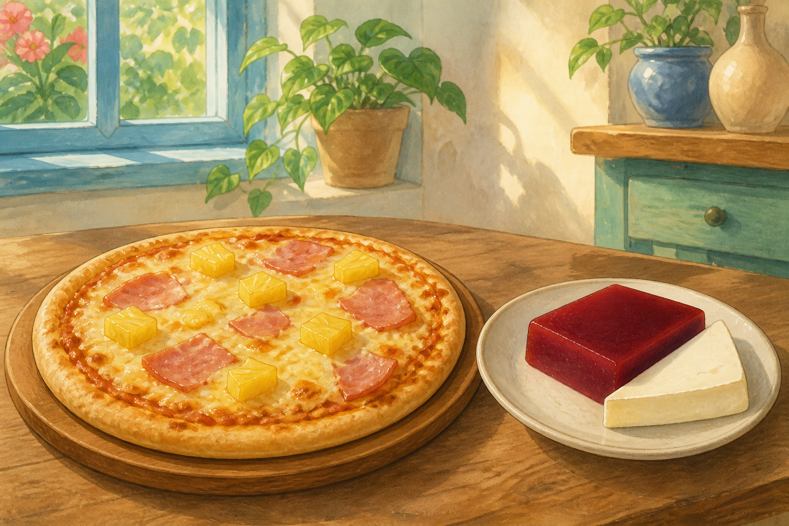 Hawaiian pizza with pineapple and ham beside guava paste and cheese on a sunlit wooden table.