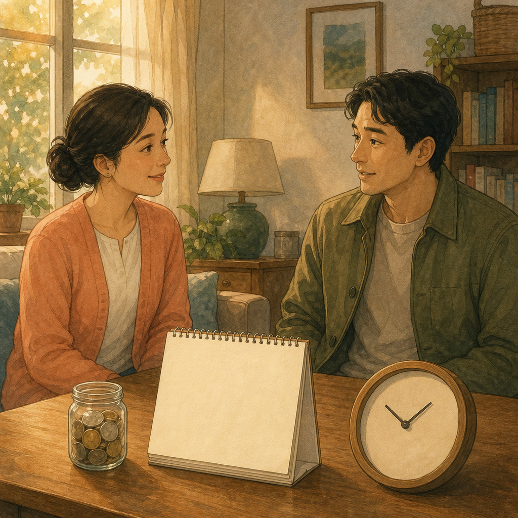 Two adults sit at a sunlit wooden table with a glass jar of coins, a blank desk calendar, and a round wooden clock between them, talking calmly about timing.