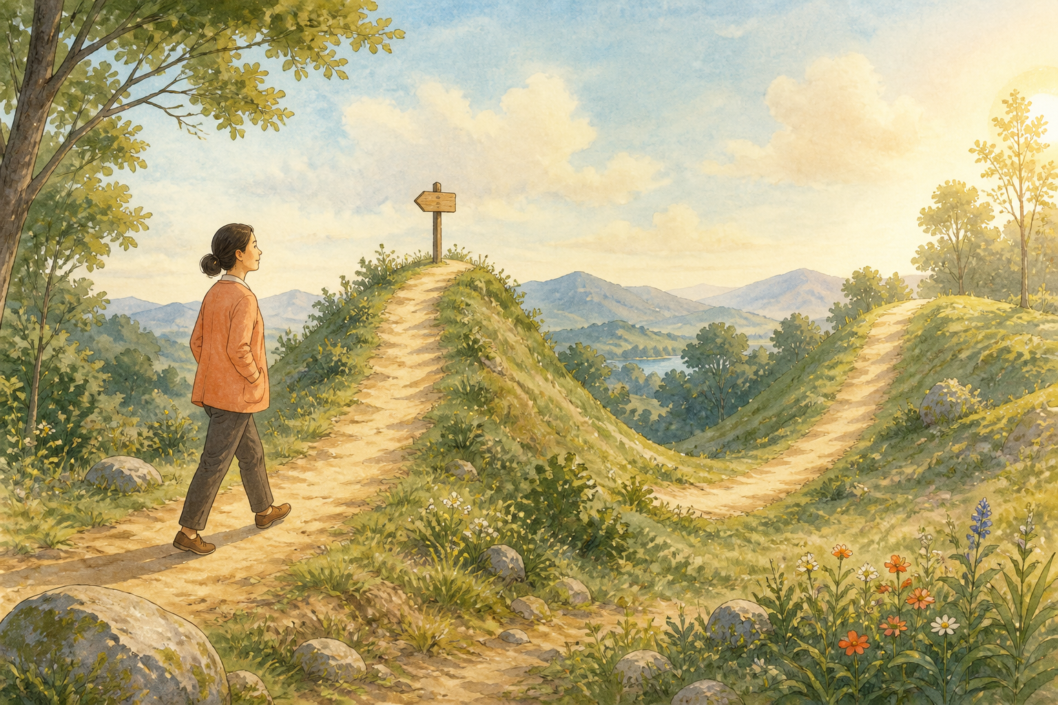 An adult woman in a peach cardigan walks a hillside path that rises and dips like soft long waves, with a blank wooden trail marker near the highest gentle rise; hand in pocket.