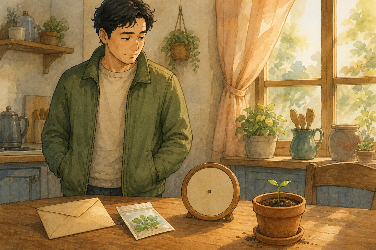 An adult man in a moss-green jacket stands at a sunlit kitchen table with a sealed envelope, an unused seed packet, a blank round clock, and a small pot where a tiny green sprout has begun; hands in pockets.