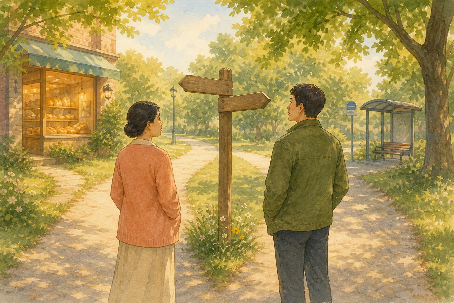 An adult woman in a peach cardigan and an adult man in a moss-green jacket stand at a sunlit park fork: left path toward a bakery window with warm bread glow, right path toward a quiet bus stop, blank wooden signpost at the center; hands hidden.