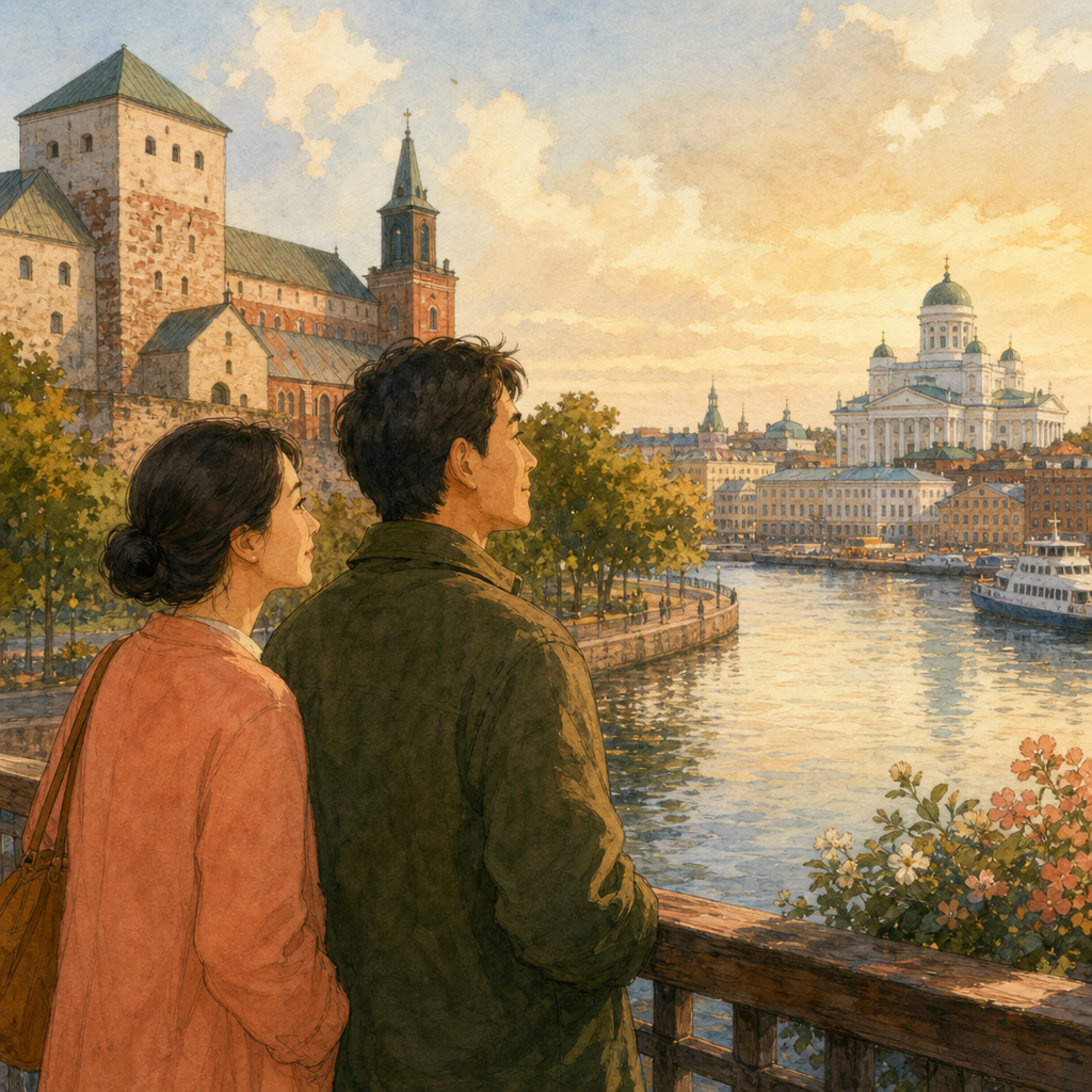 Two adults on a Finnish riverside balcony look toward Turku’s castle and cathedral on one side and Helsinki’s white cathedral harbor on the other.