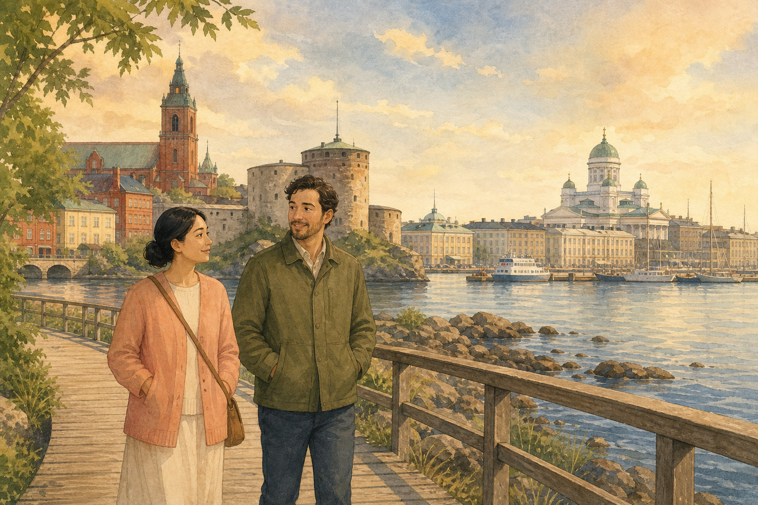 Two adults walk a coastal boardwalk from an older riverside cathedral town toward a planned pale capital waterfront with a white dome.