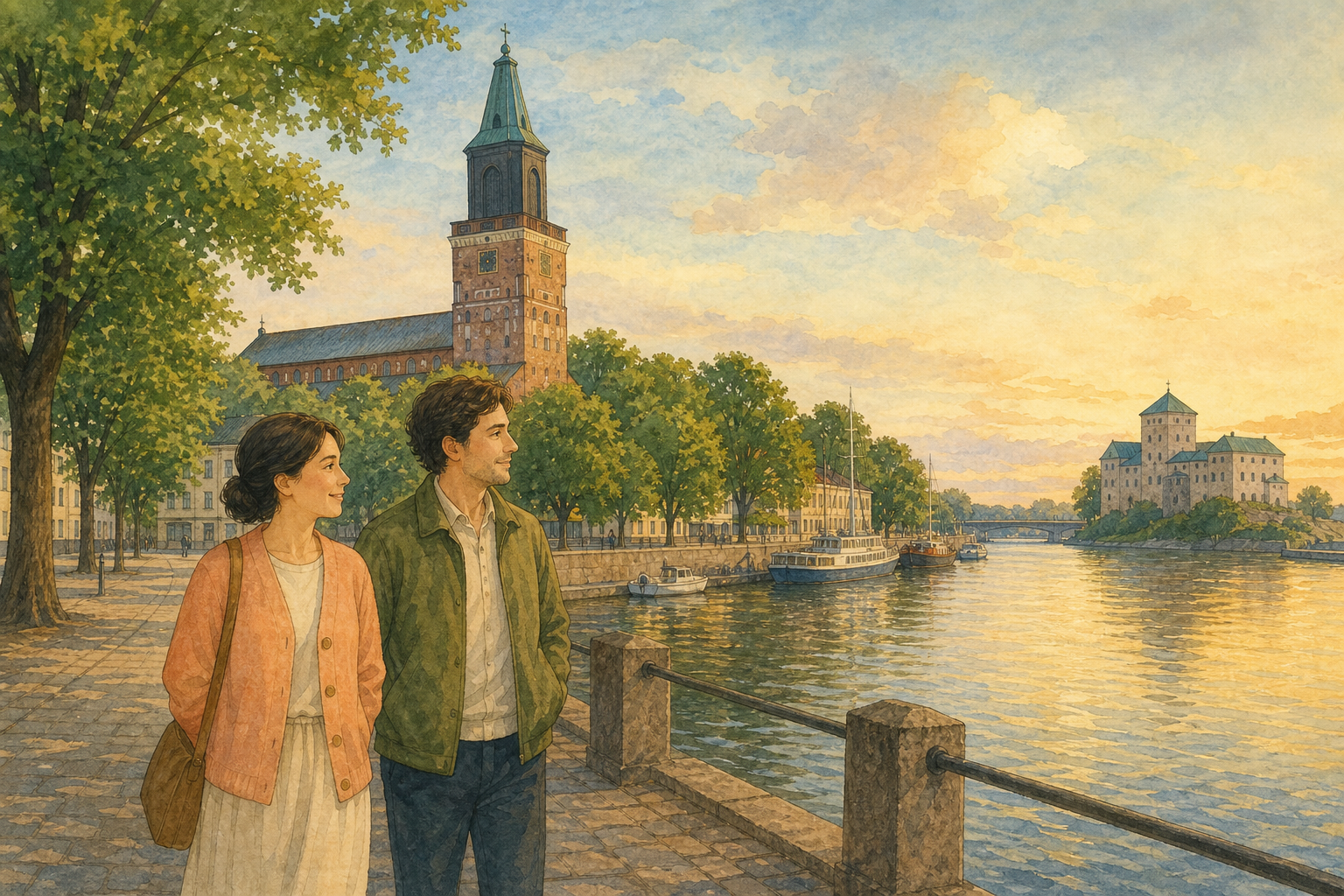 Two adults walk Turku’s Aura River embankment between a brick cathedral and a medieval stone castle in warm evening light.