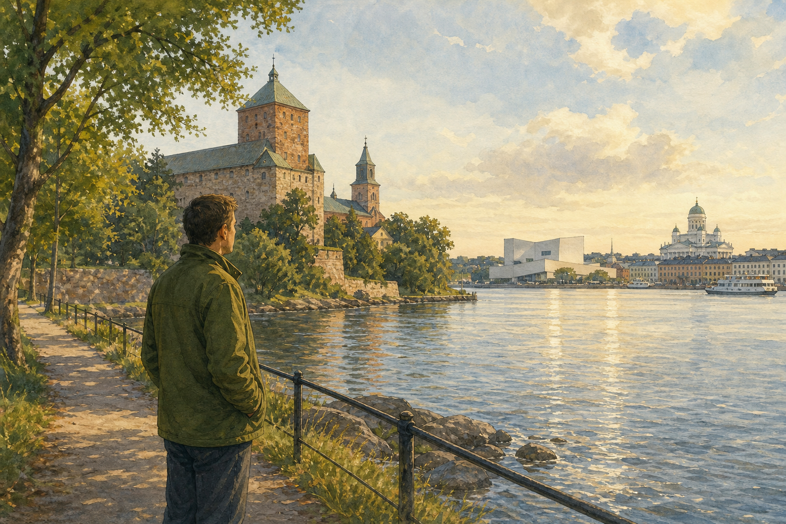 An adult looks from a riverside medieval castle shore toward a modern white hall and cathedral dome along one continuous Finnish shoreline.