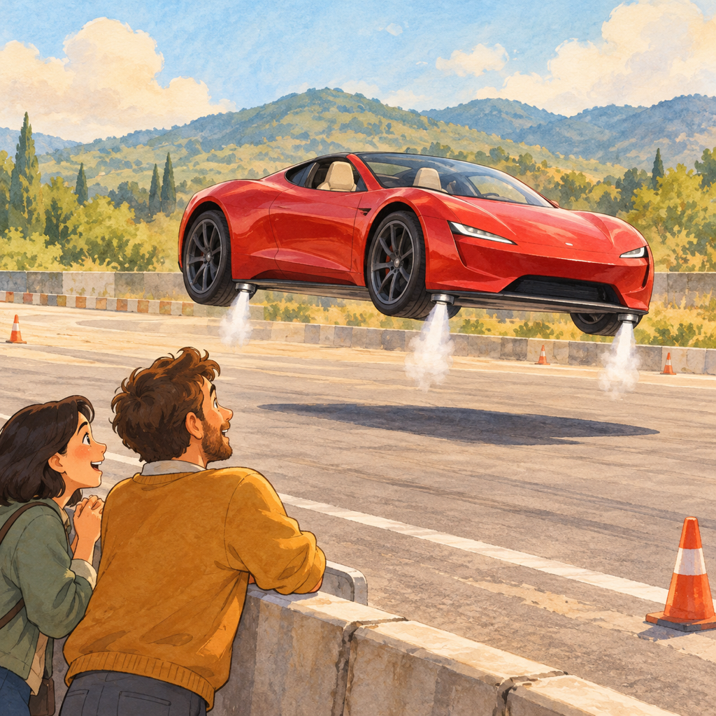 Two people watch a red sports car jump above a test track as small white air jets point down from its underside.