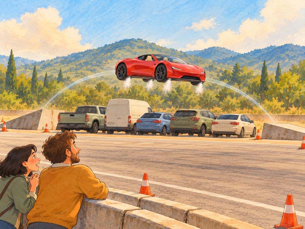 A red sports car jumps over five parked vehicles between short ramps, with white air jets and a curved trail showing its path.