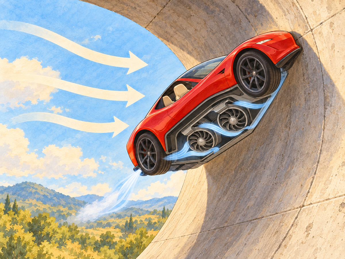 A cutaway shows two fans under a red car on a curved wall, blue air flowing out behind it and cream arrows pressing it toward the wall.