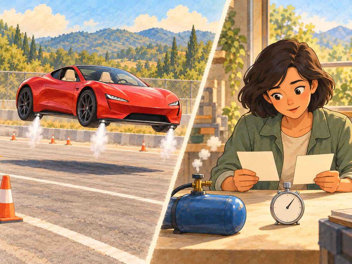 A red car with an empty driver seat jumps at a fenced test track; beside it, a woman compares blank cards near an air tank and a stopwatch.