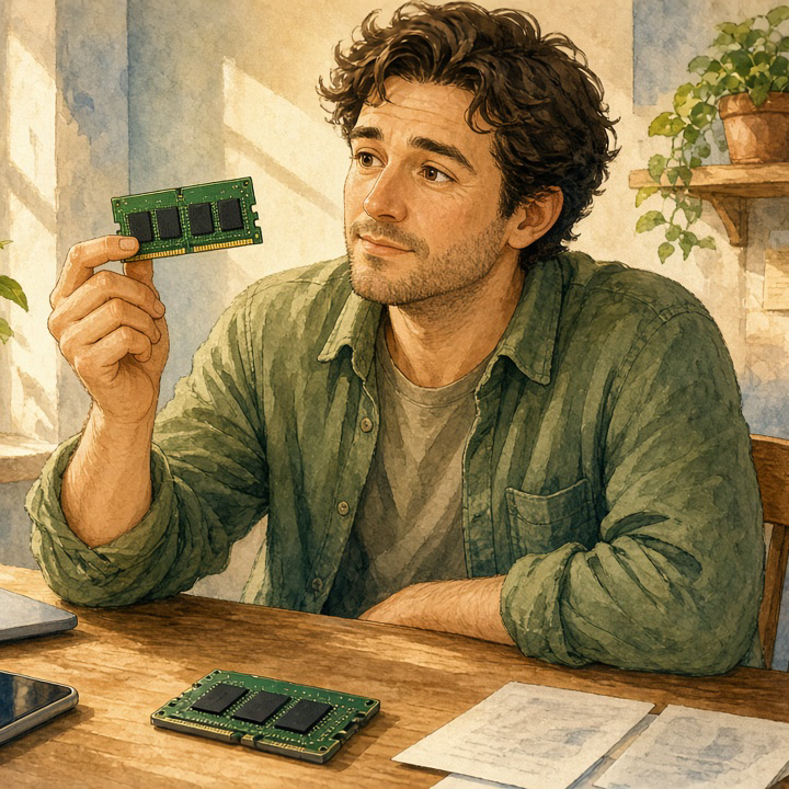 A man at a sunny wooden desk holds up a small green computer memory stick and looks at it with curiosity, with a laptop, a phone and another memory stick on the desk.