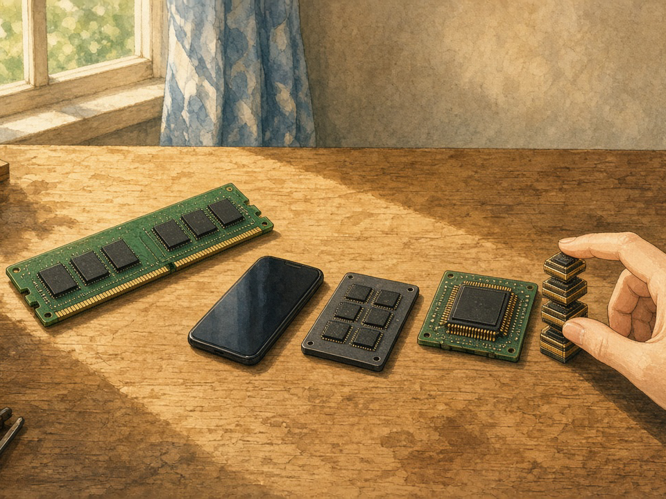 On a sunlit workbench sit a long green RAM stick, a smartphone, a small flat storage drive, and an AI processor chip beside a tiny tower of stacked memory chips that a hand is touching.