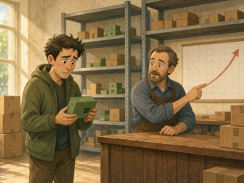 In a parts warehouse with only a few boxes left on the shelves, a worried buyer holds one small box of memory chips while the seller points to a chart with a line going steeply up.