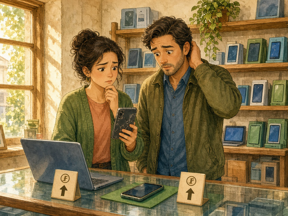 A couple in a small electronics shop look worried at a new laptop and phone with price signs showing up arrows, while the woman holds her old cracked phone.