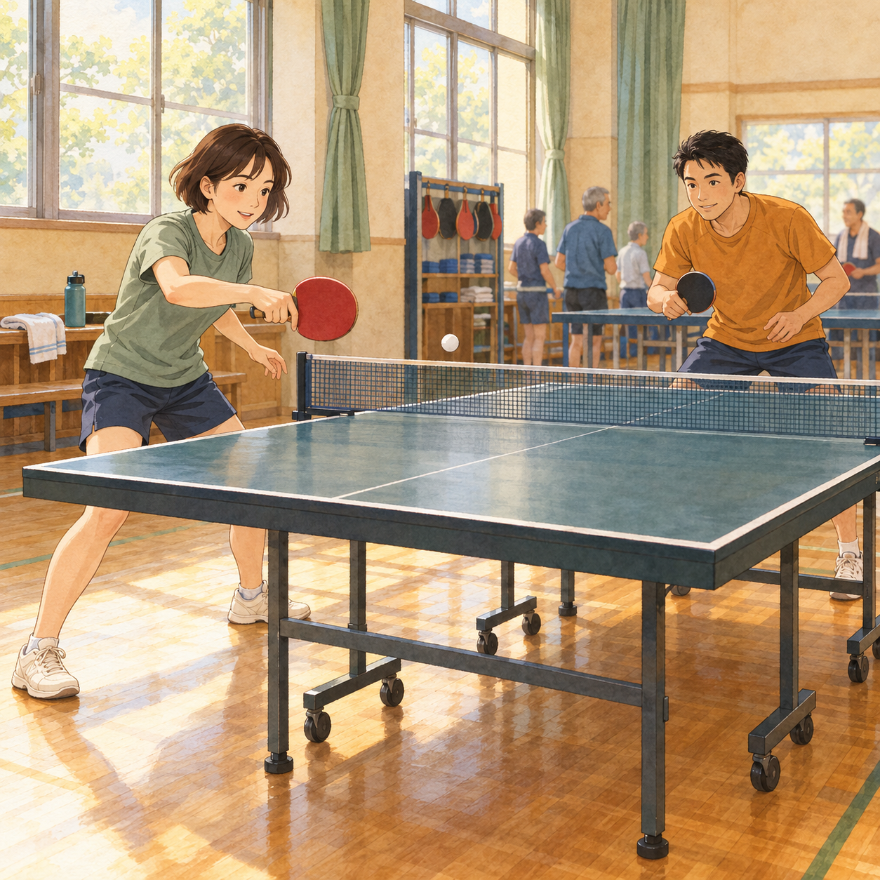 A woman in a green shirt and a man in an amber shirt play table tennis in a sunny club with wooden floors and green curtains.