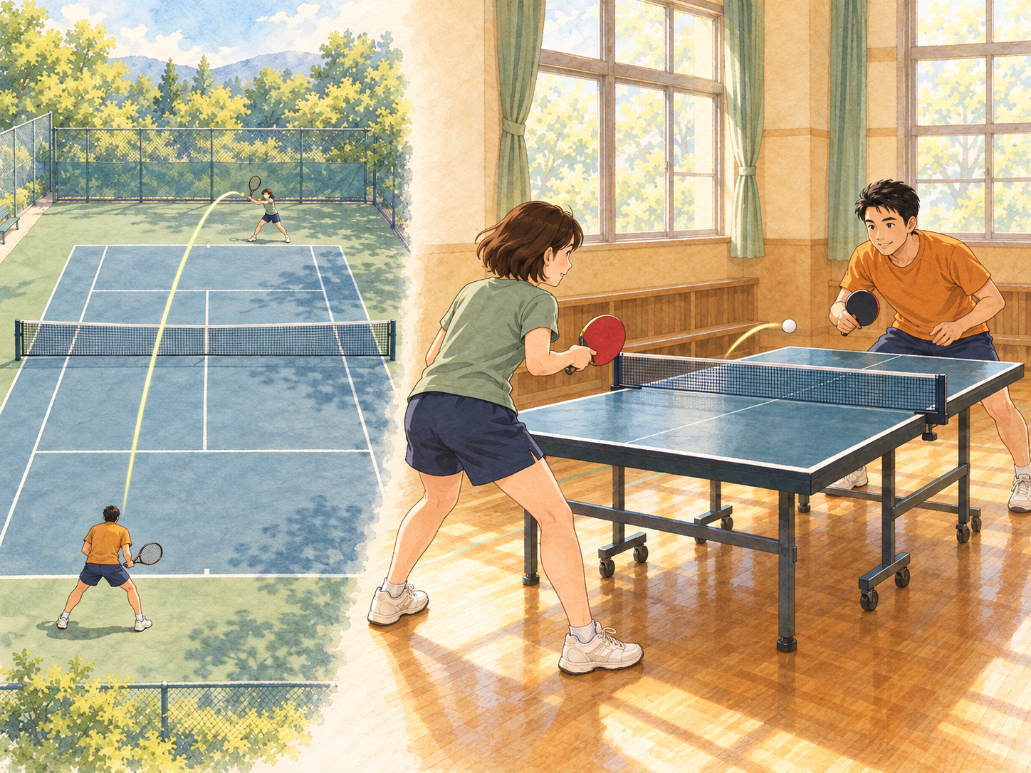 Tennis players stand far apart on an outdoor court, while two table tennis players stand close across a small indoor table. Curved lines show the ball's long and short trips.