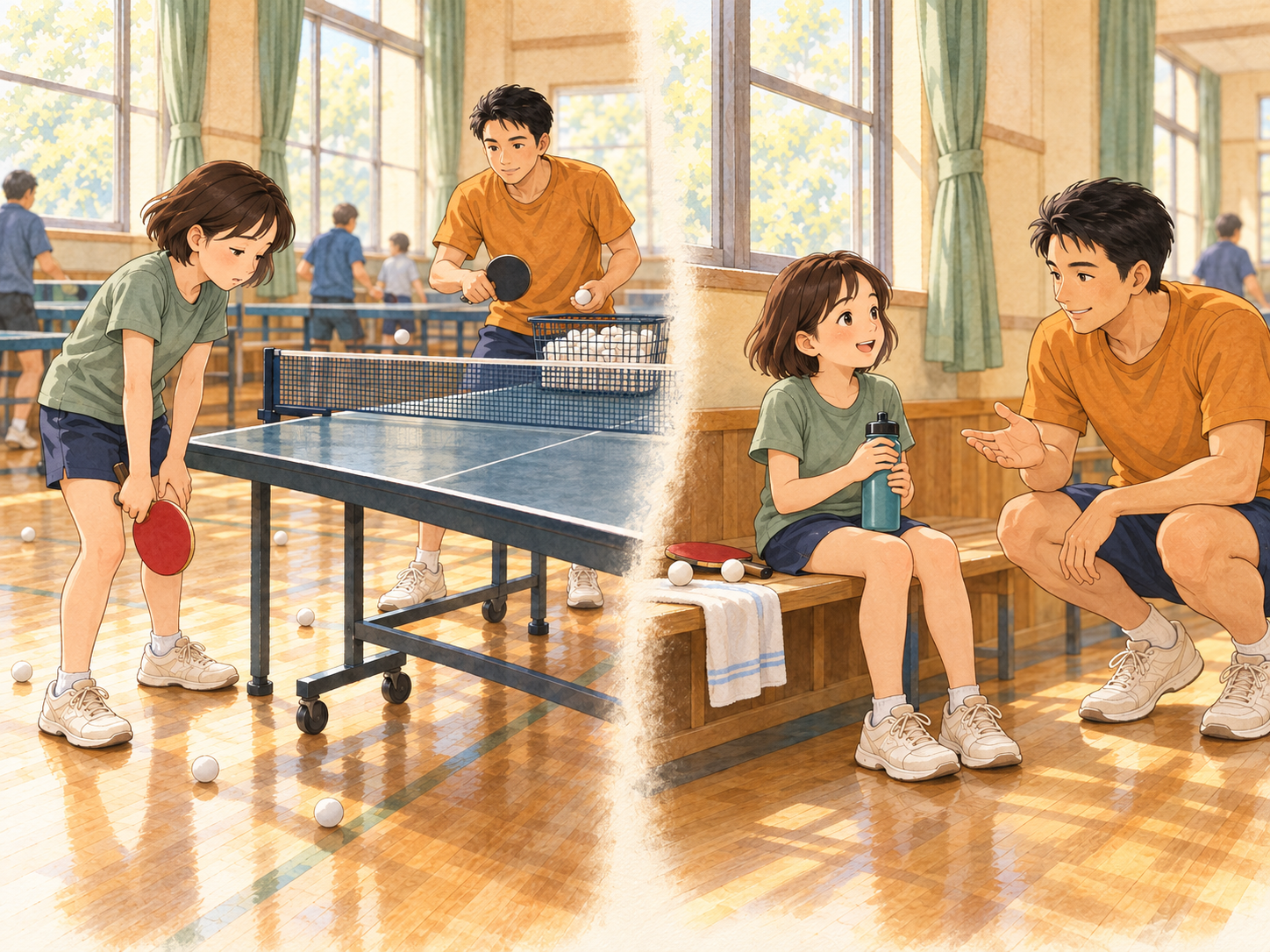 A tired girl lowers her racket after practice. Beside this scene, she smiles during a water break as a coach crouches beside her.