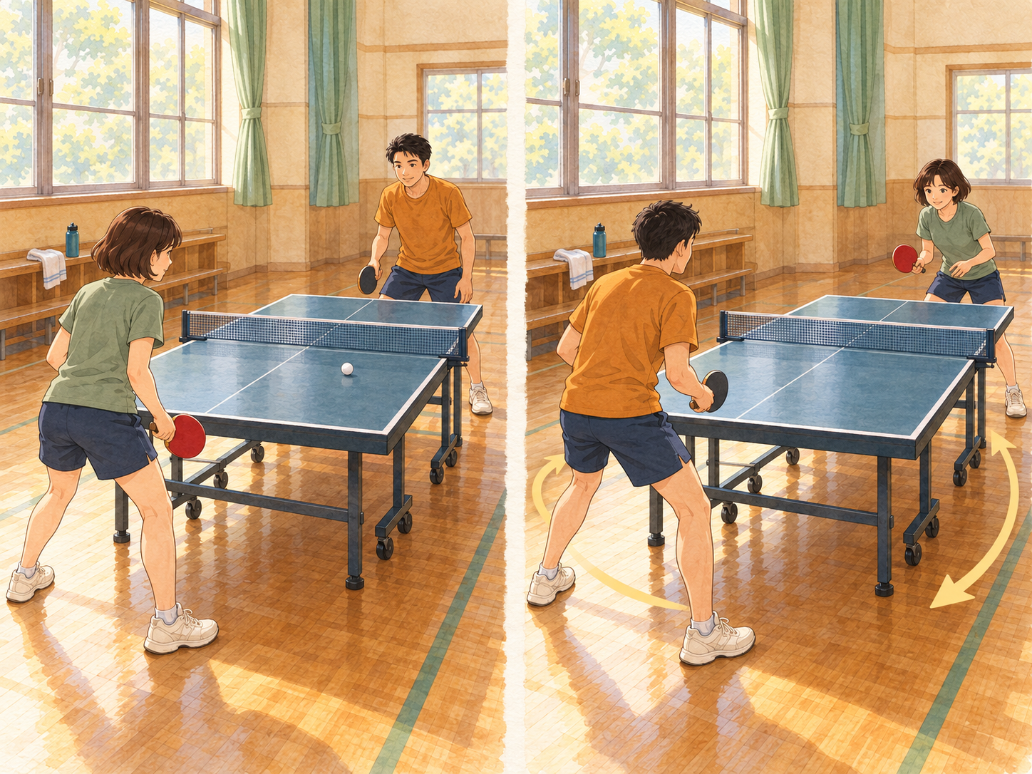 Two views show the same table tennis players changing ends: the woman starts near the viewer and then stands at the far end. Curved arrows show the change.