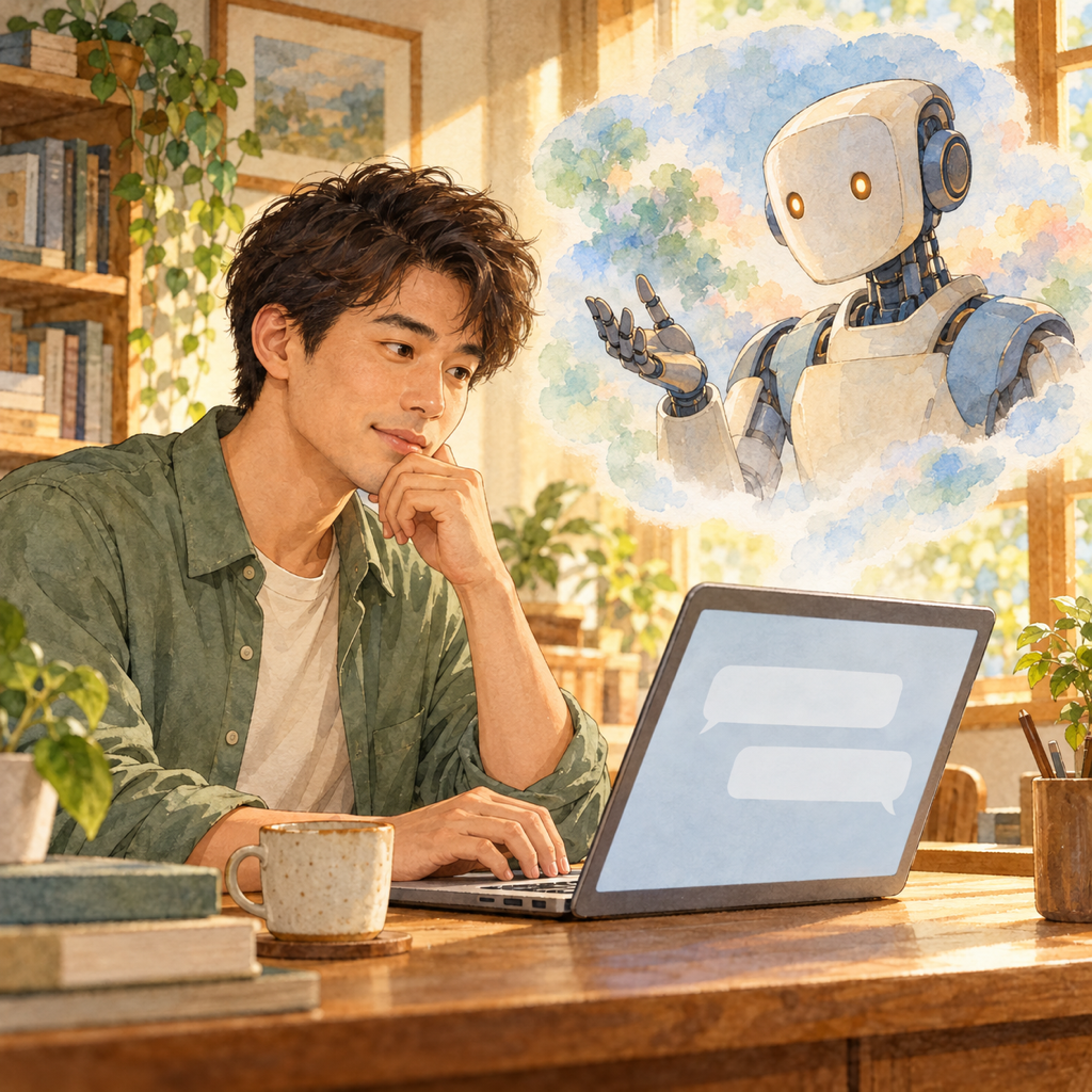A man in a sage-green shirt studies blank chat bubbles on a laptop while imagining an ivory and blue-grey robot gesturing beside him.