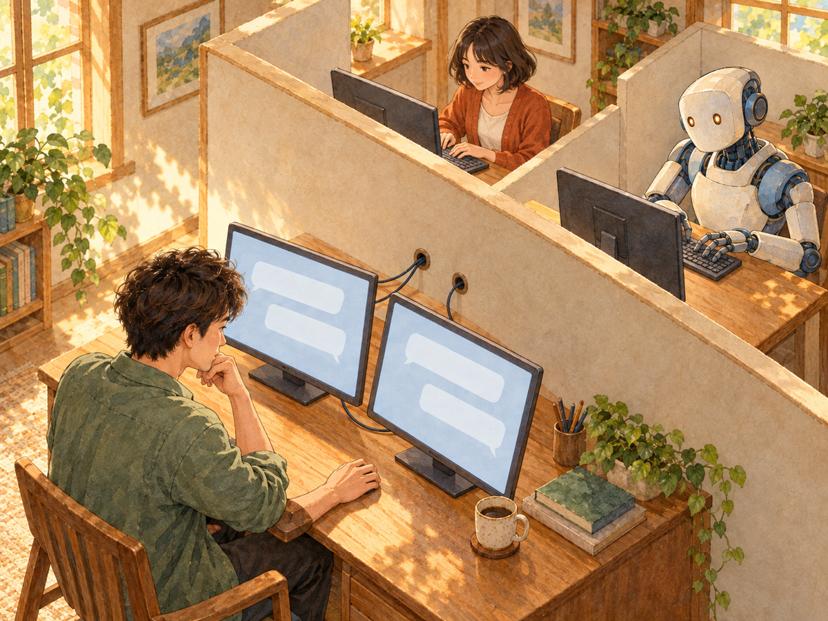 A man compares identical chat bubbles on two screens while a wall hides a woman and a robot typing replies at separate computers.