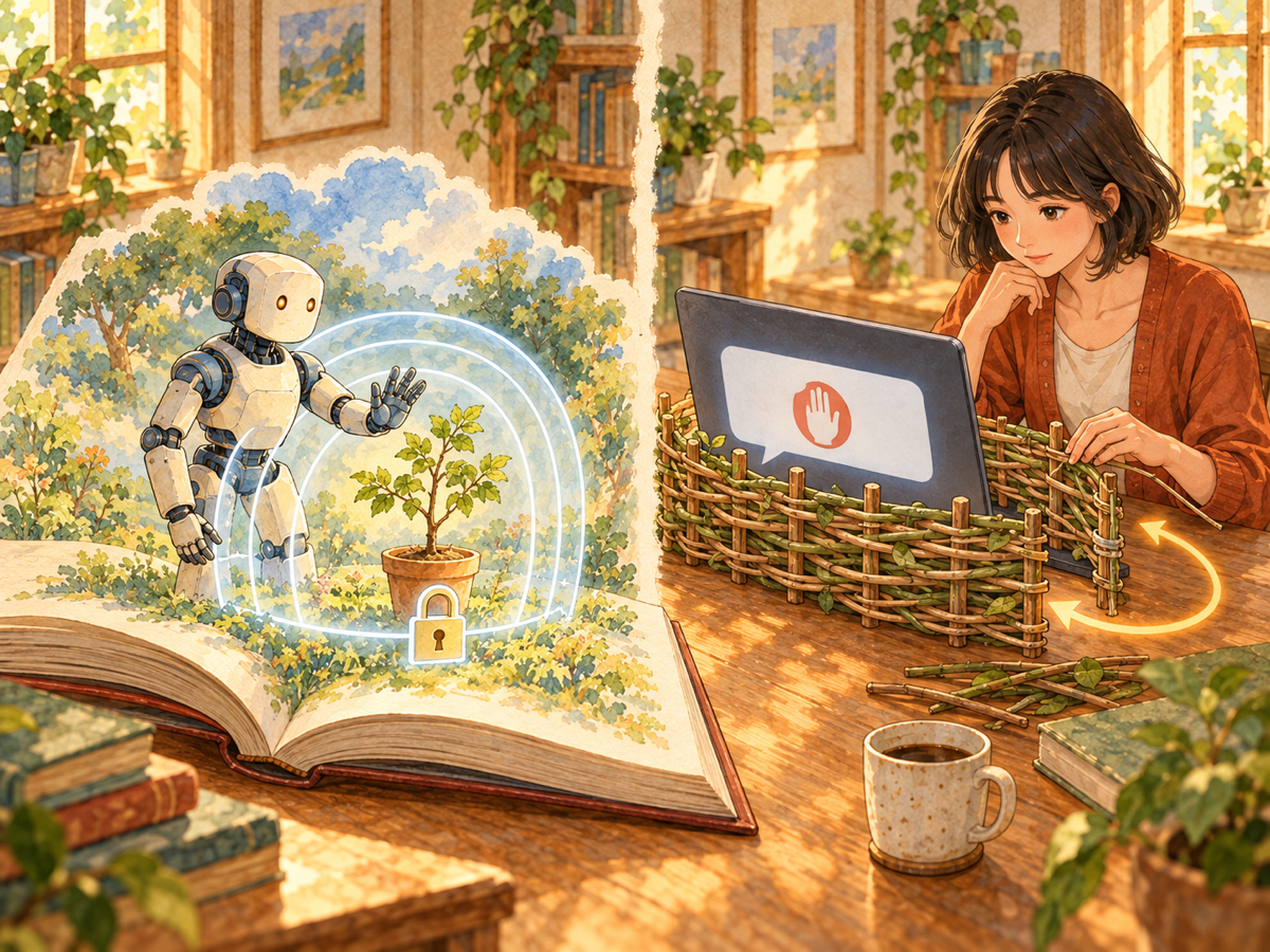 An open storybook shows a robot and sapling behind a locked shield; beside it, a woman tends a woven barrier around a laptop while an arrow curves through a gap.
