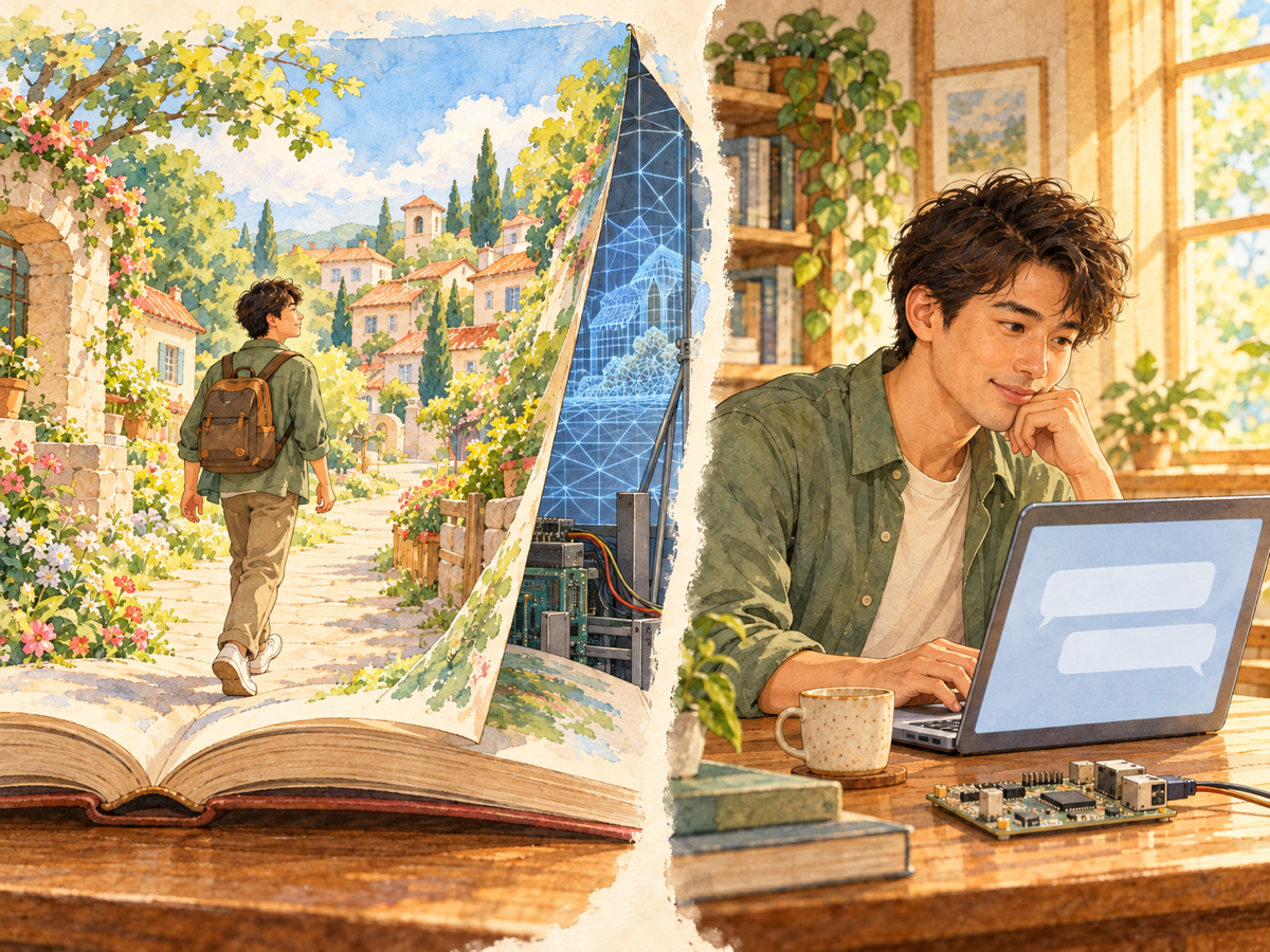 An open storybook shows a man walking through a village whose scenery peels back to reveal wireframes and circuitry; beside it, he uses a chatbot at his desk.