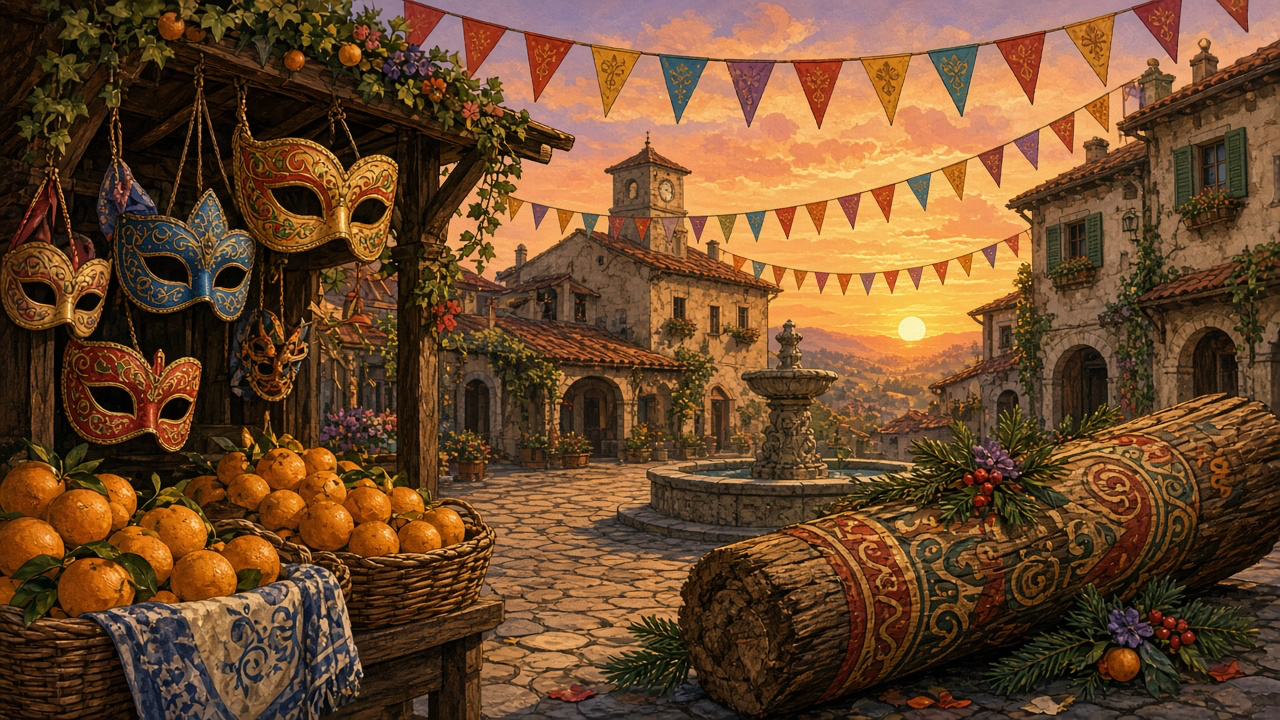 A sunny old village square decorated for a festival, with colourful masks, baskets of oranges and a big painted log.