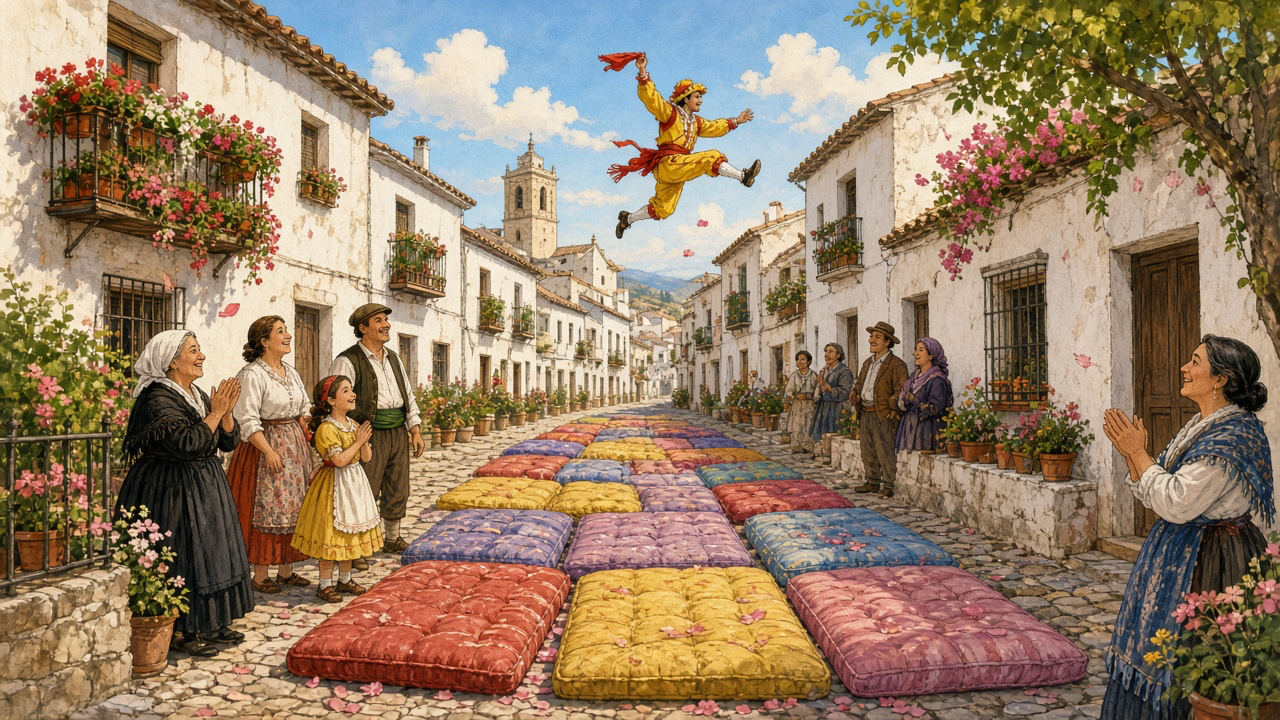 A man in a yellow and red costume jumps over colourful mattresses in a white Spanish village street while neighbours watch.