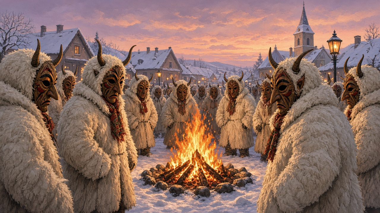 People in wooden masks and white sheepskin coats stand around a bonfire in a snowy Hungarian town.