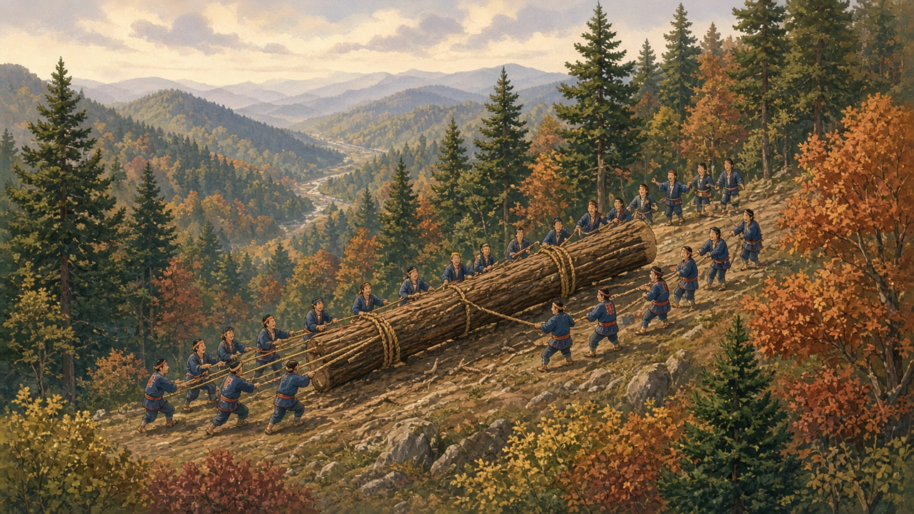 A team of people pulls a huge fir log with ropes down a forest hillside in Japan during the Onbashira festival.