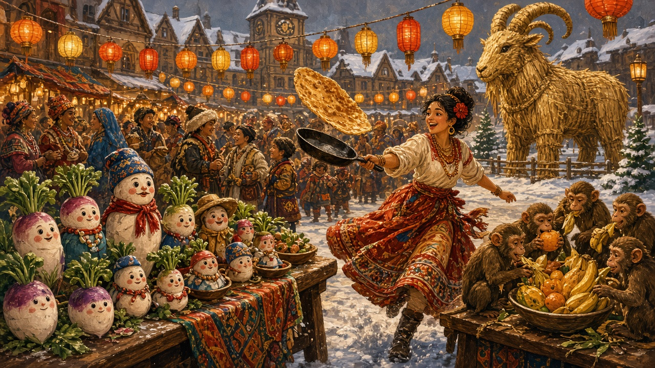 A snowy festival square with lanterns, carved radish figures on a table, a woman tossing a pancake from a frying pan, a giant straw goat and monkeys eating fruit.