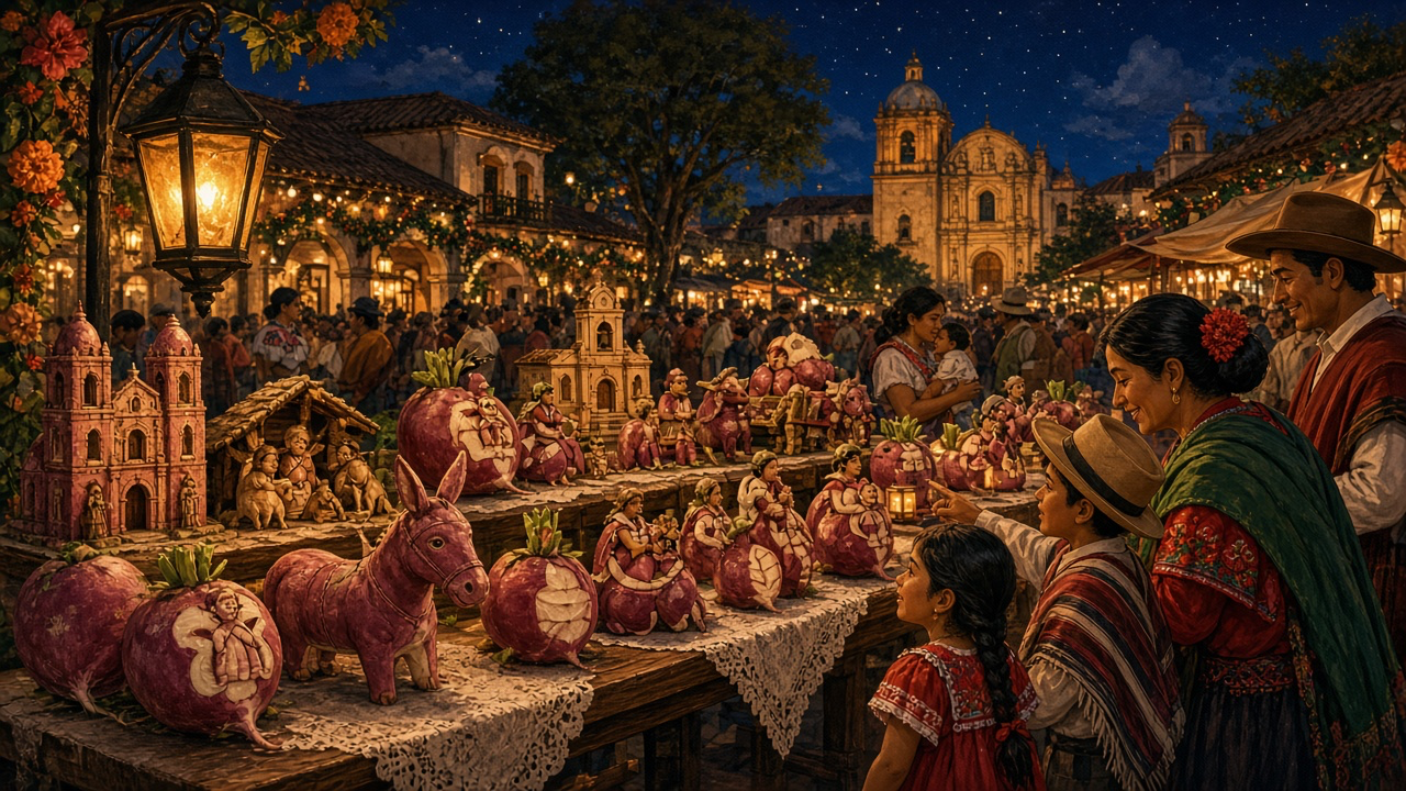 At night in a Mexican town square, families look at detailed figures and scenes carved from big red radishes on a long table.
