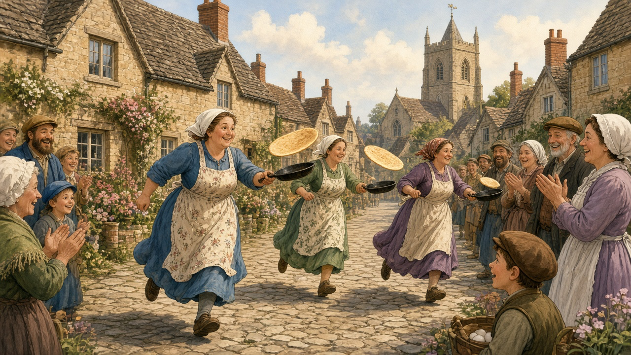 Women in aprons and headscarves run down a stone English village street tossing pancakes from frying pans while neighbours cheer.