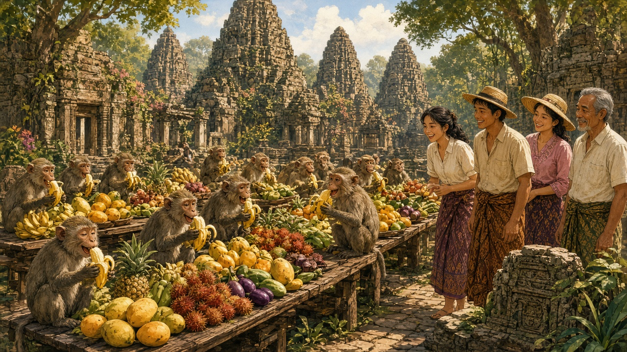 Monkeys eat bananas and other fruit from long tables in front of old stone temple towers in Thailand while smiling visitors watch.