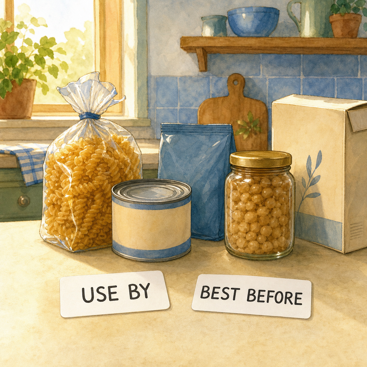 Food packets on a kitchen counter beside clear USE BY and BEST BEFORE cards.