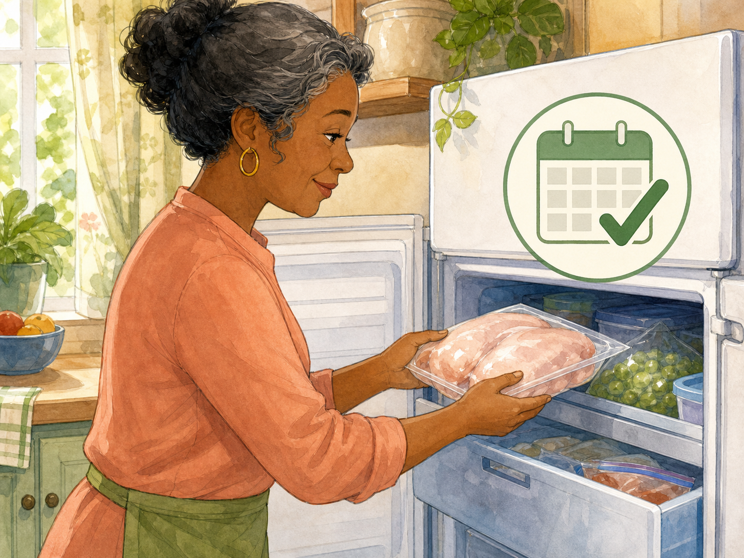 A person puts sealed raw chicken into a freezer beside a calendar with a green check.