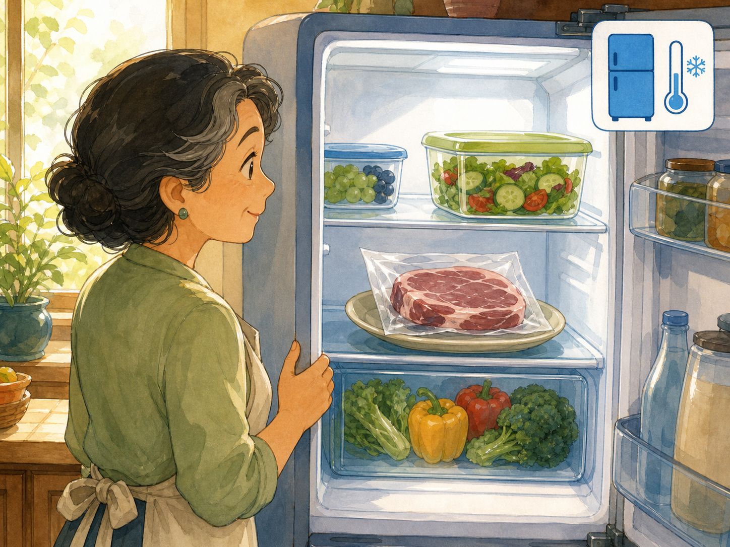 Sealed meat and a ready-to-eat salad stored inside a cold refrigerator.