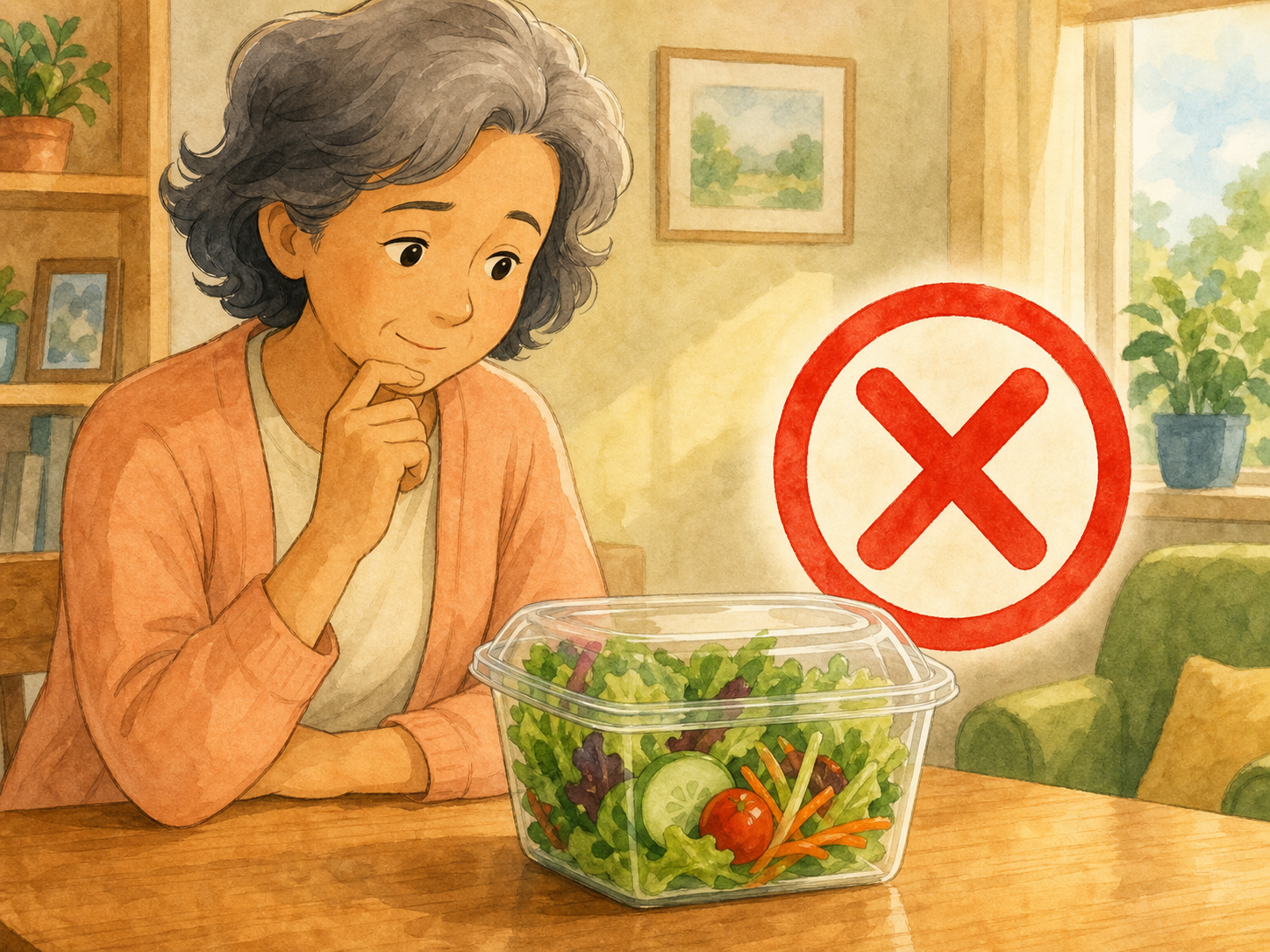 A fresh-looking sealed salad beside a red warning symbol, showing that looks alone do not make food safe after a use-by date.