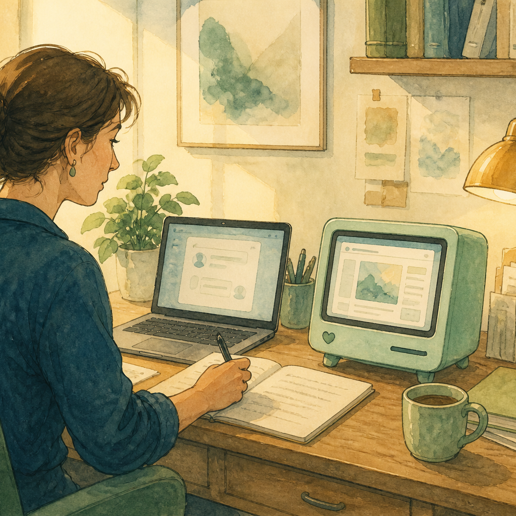 An adult at a sunlit desk compares a chat laptop with a second computer that is finishing real work.