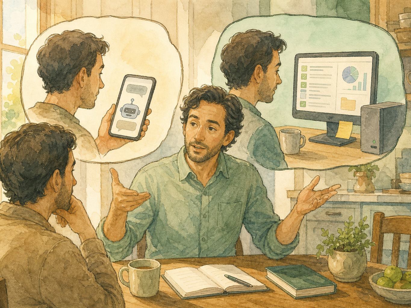 An adult explains the difference between chatting with a bot on a phone and an agent computer finishing tasks that need approval.