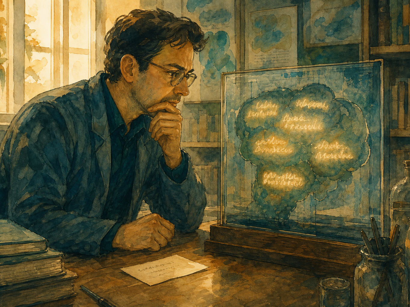 A researcher studies silent word-like concepts glowing inside a glass model while a short written answer sits on the desk.