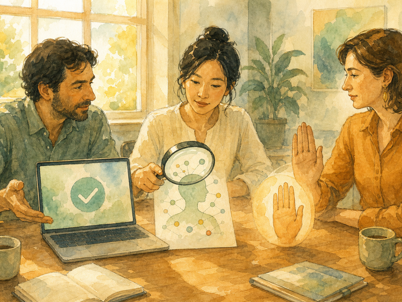 Three adults compare capability on a laptop, visibility with a magnifying glass, and human control with a raised hand.