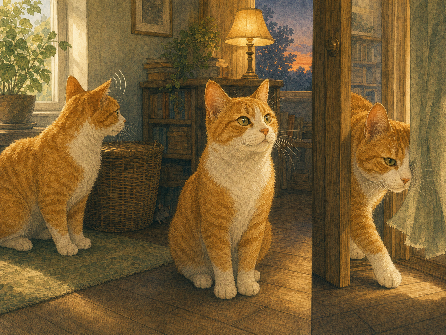 The same orange-and-white cat turns an ear toward a mouse, sees in warm low light, and tests a narrow doorway with its whiskers.