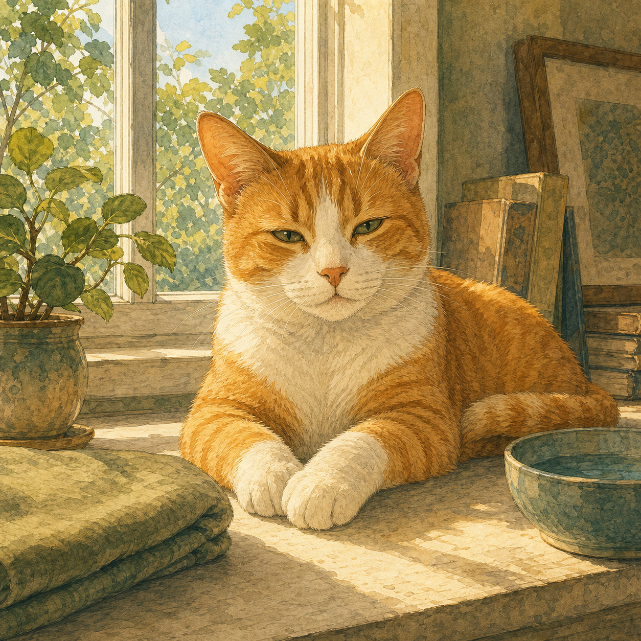 An orange-and-white cat rests on a sunny windowsill beside a water bowl, books, and a sage houseplant.