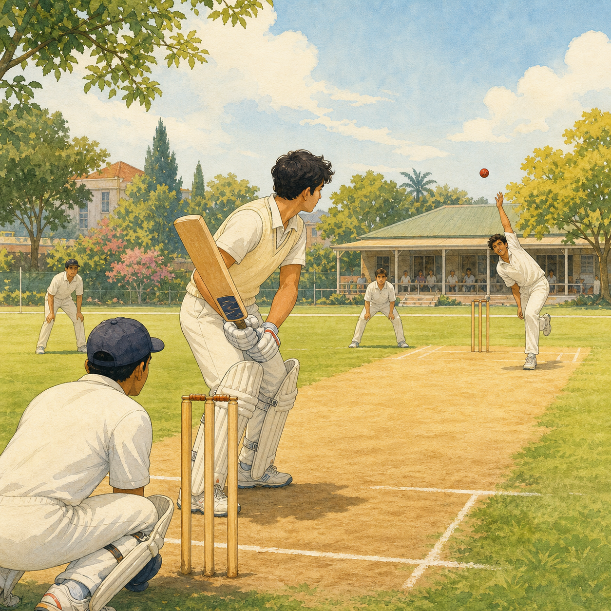 A batter faces a bowler on a sunny cricket pitch while a wicketkeeper and fielders watch.