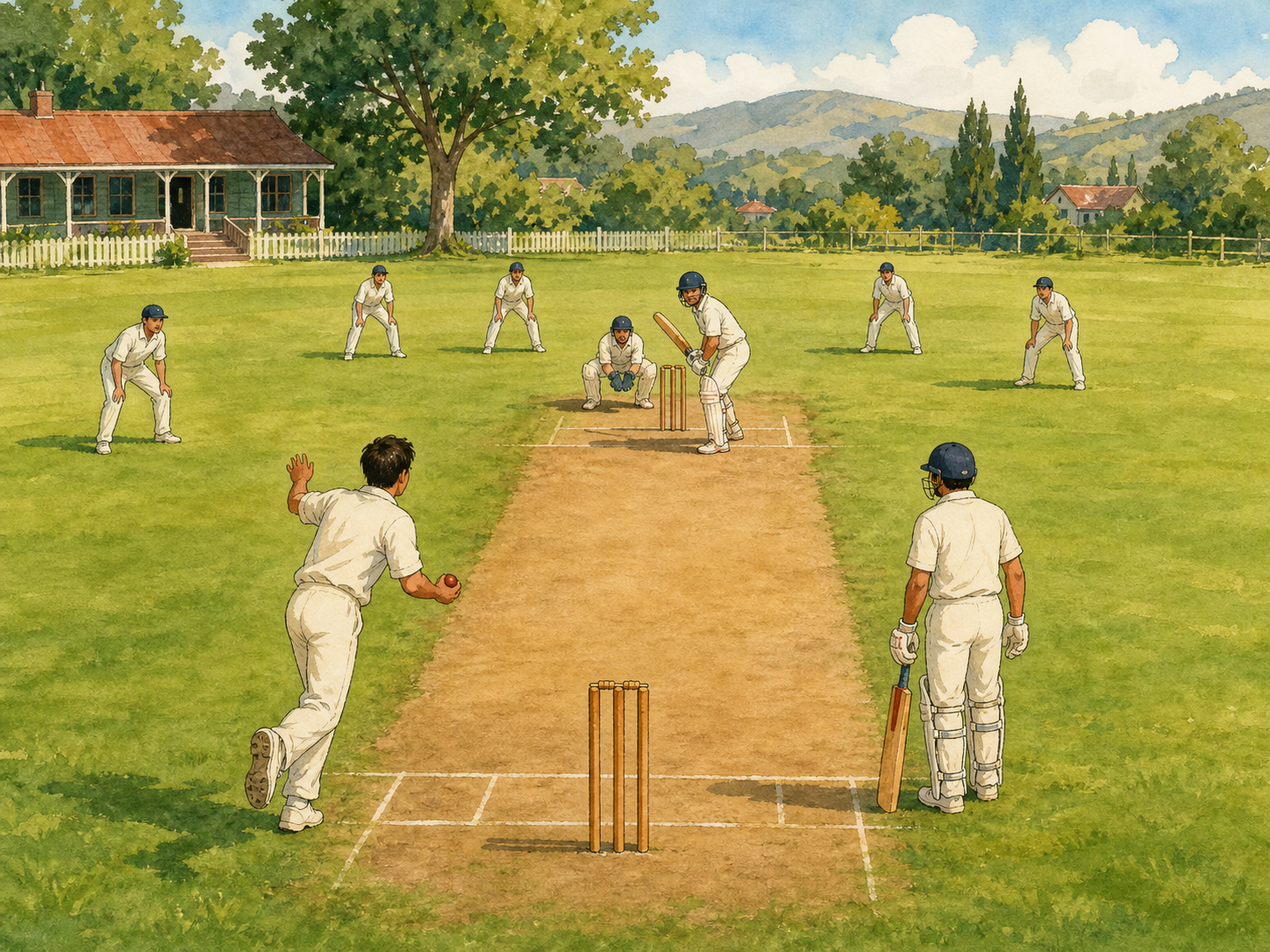 Two batters stand at opposite ends of a long cricket pitch as a bowler, wicketkeeper, and fielders take their positions around two wickets.