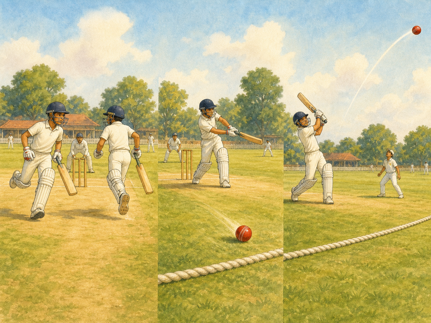 Three cricket scenes show batters changing ends, a ball rolling to the boundary rope, and a ball flying over the rope.